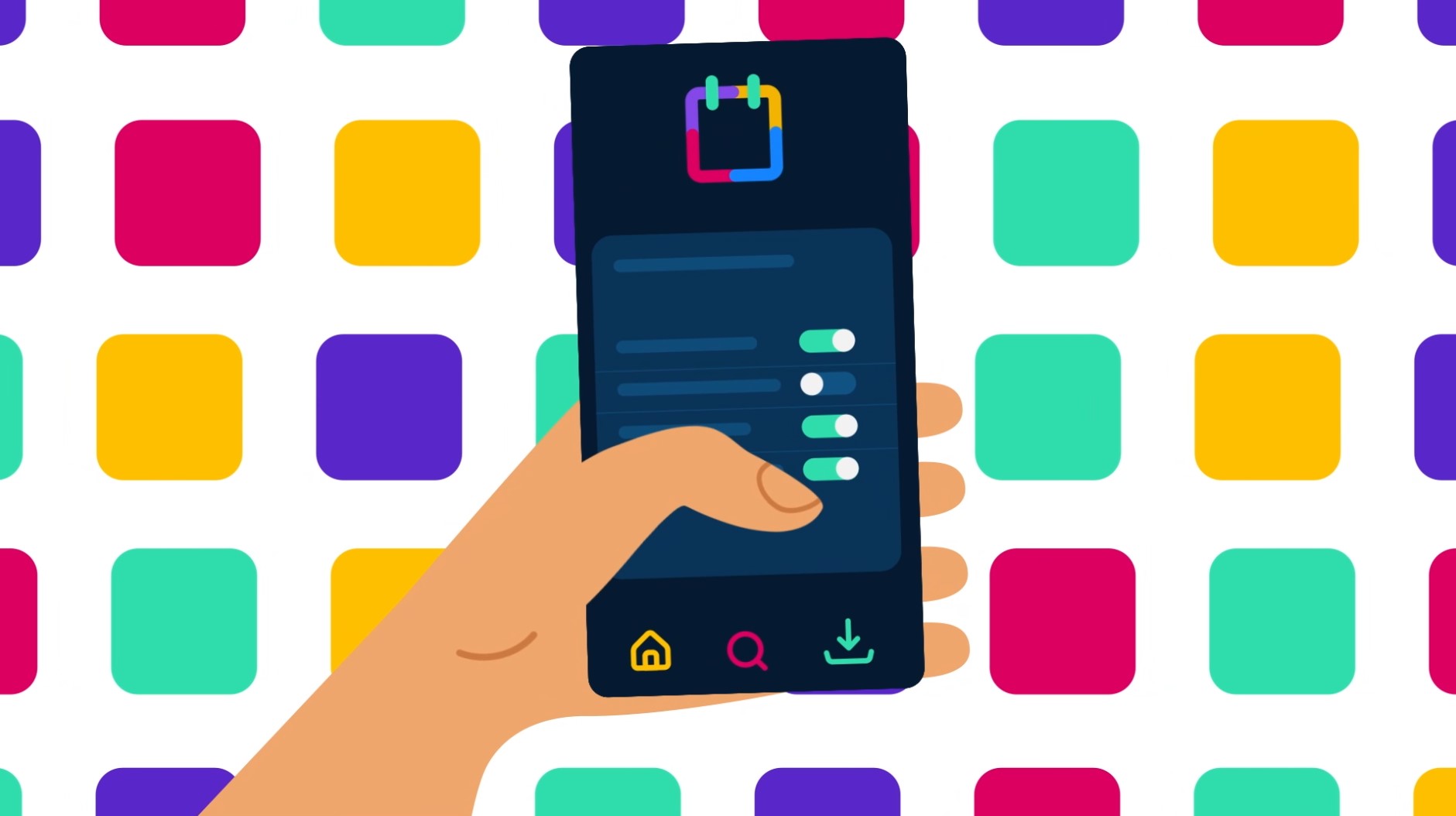 une main tient un smartphone qui affiche de multiples applications sur l'écran tactile